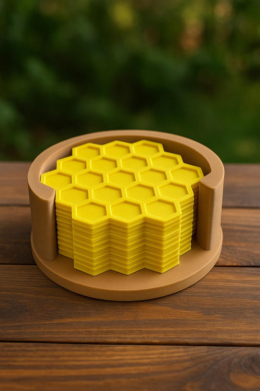 Honeycomb bee coaster set with four hexagon coasters and holder