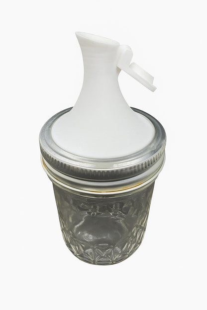 Mason jar pour spout lid for regular-mouth jar dispensing.