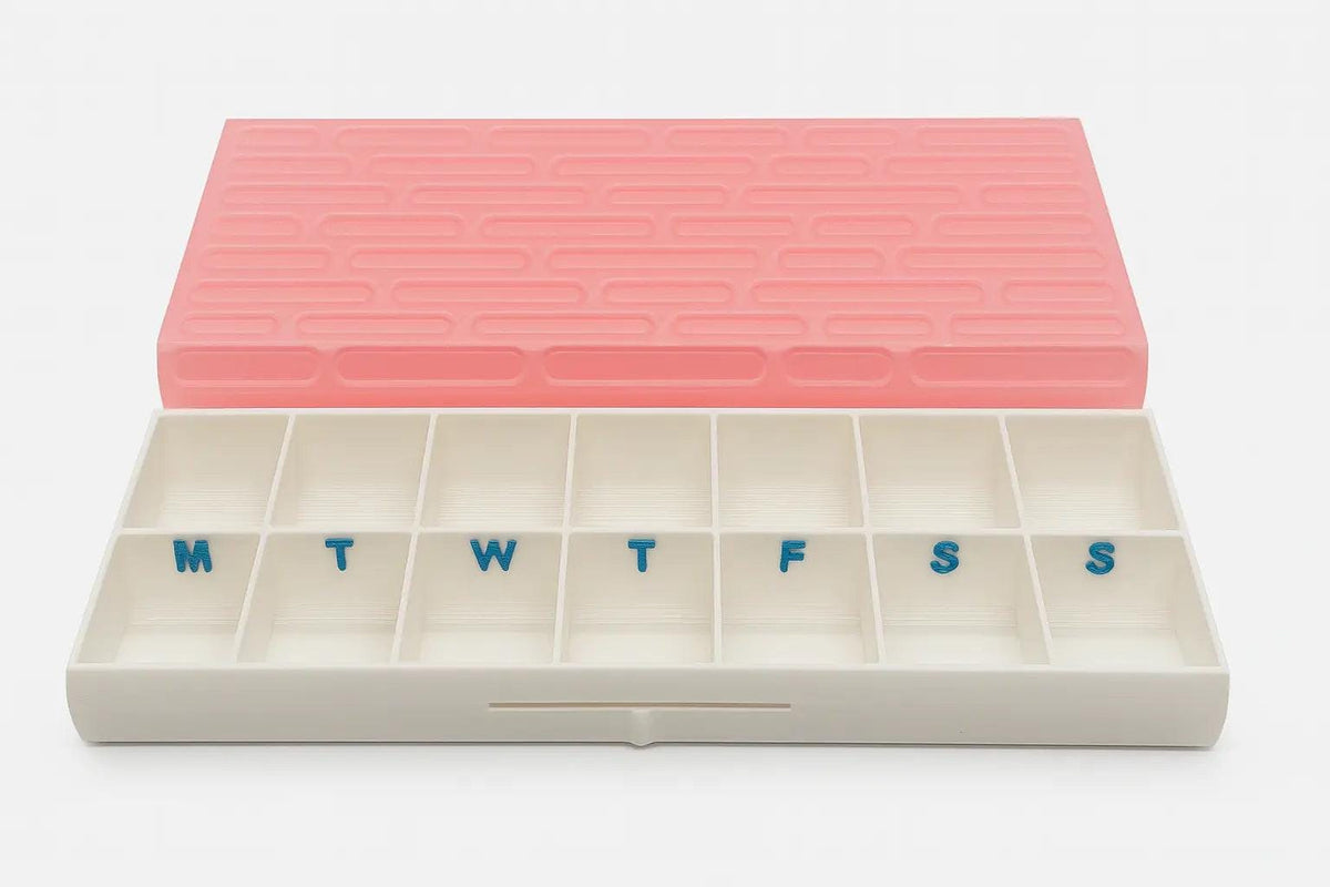 Brick texture duo pill case for twice-daily medication organization.