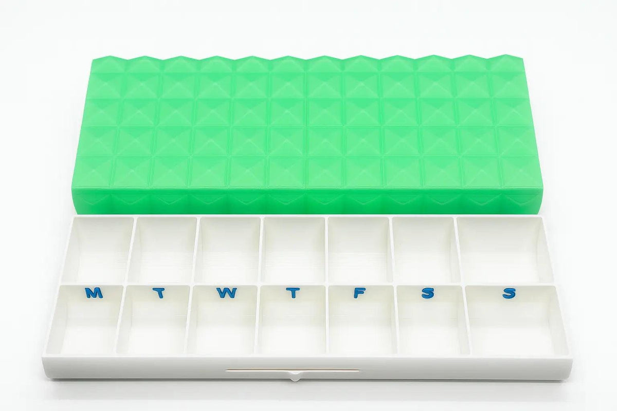 Diamond texture duo pill case for twice-daily medication organization.