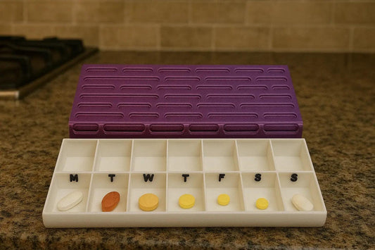 Brick texture duo pill case for twice-daily medication organization.