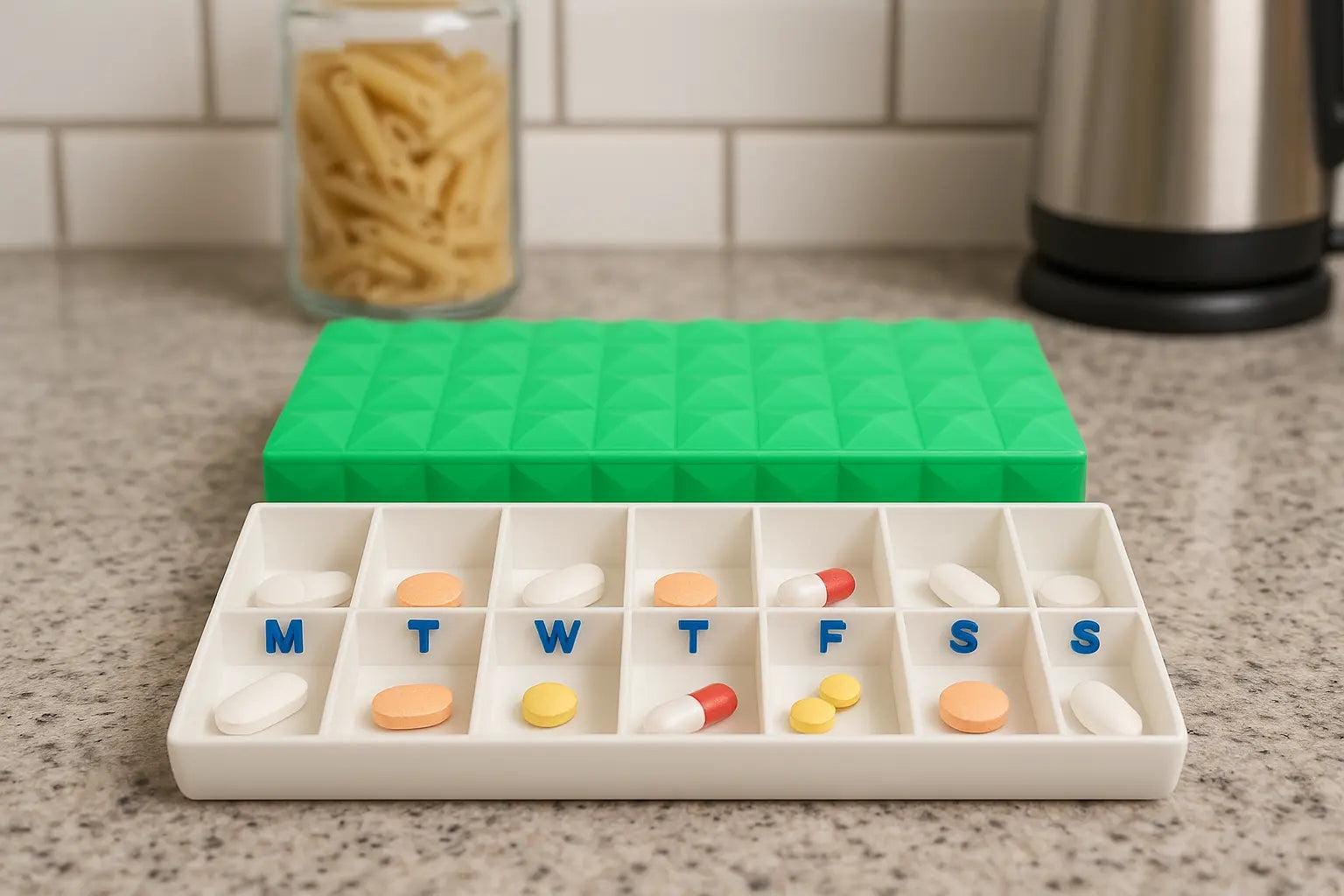 Diamond texture duo pill case for twice-daily medication organization.