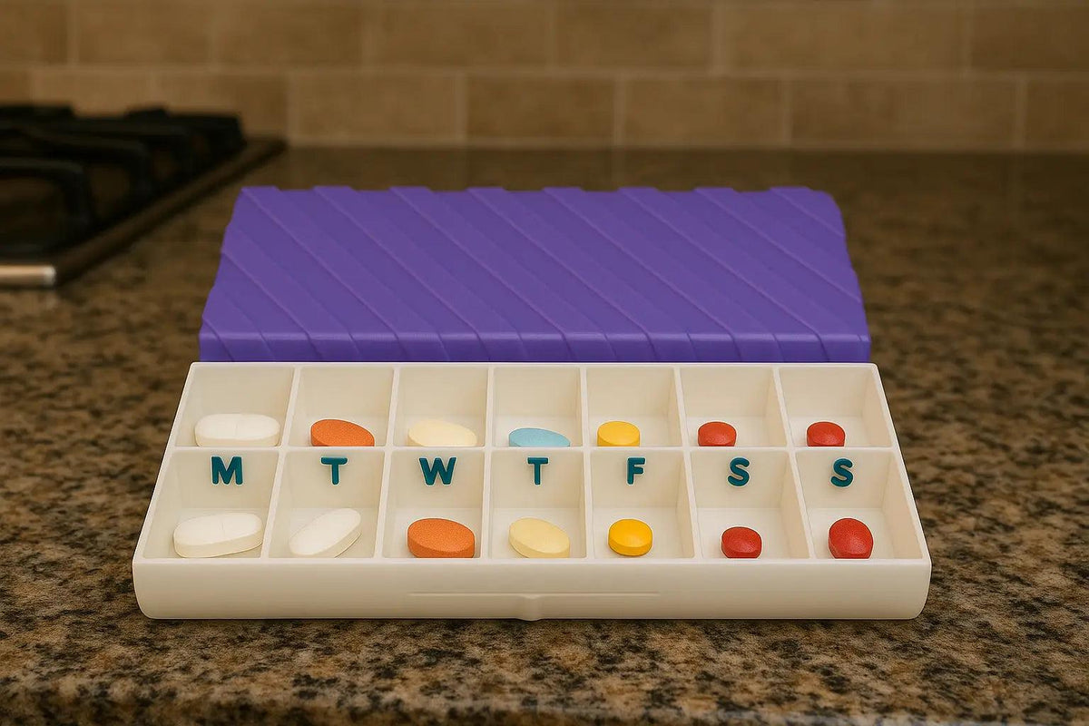 Ridge texture duo pill case for twice-daily medication organization.