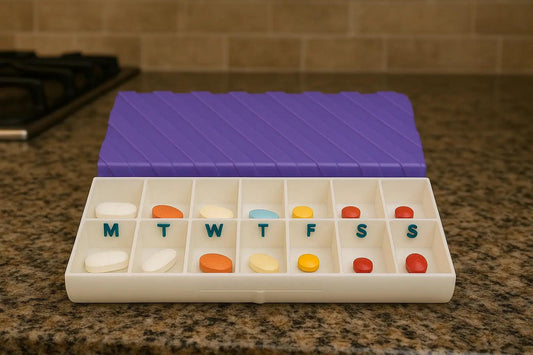 Ridge texture duo pill case for twice-daily medication organization.