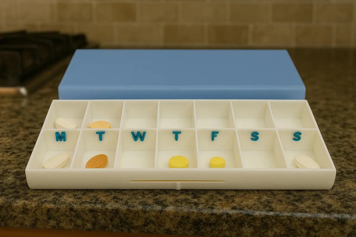 Smooth texture duo pill case for twice-daily medication organization.