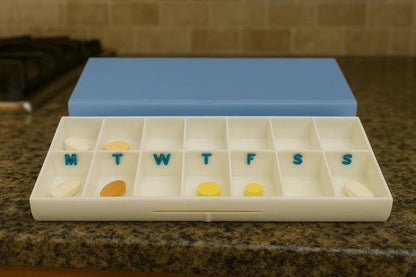 Smooth texture duo pill case for twice-daily medication organization.
