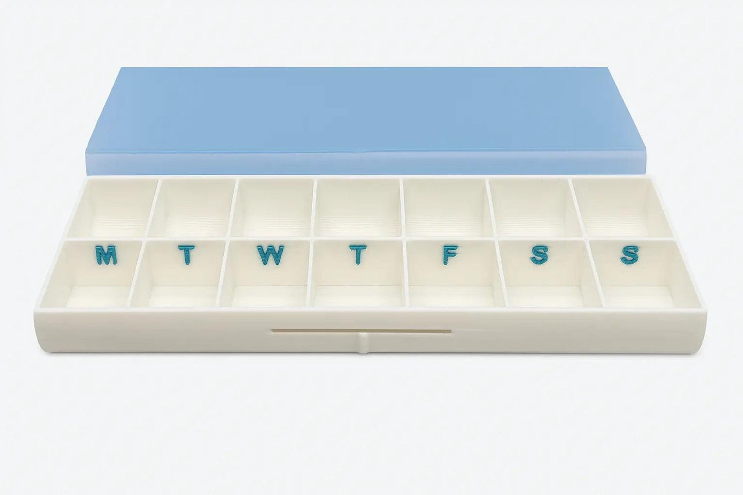Smooth texture duo pill case for twice-daily medication organization.