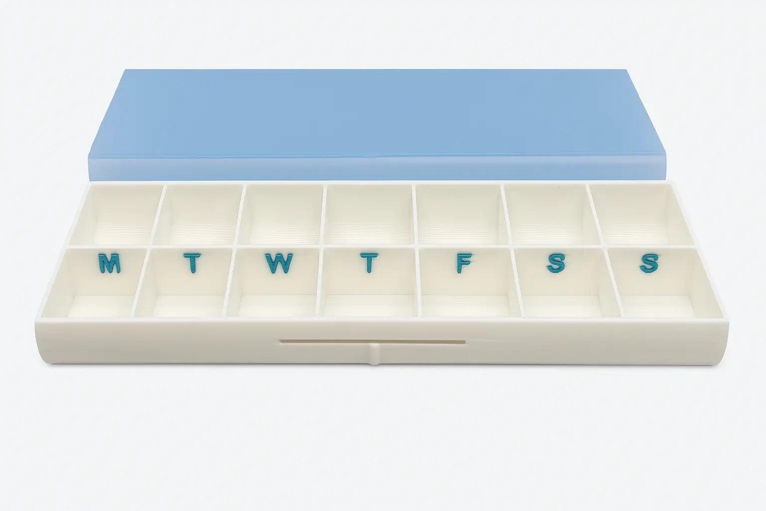 Smooth texture duo pill case for twice-daily medication organization.