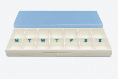 Smooth texture duo pill case for twice-daily medication organization.