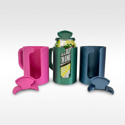Standard soda or beer can holder with handle and optional lid