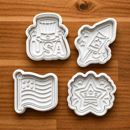 Patriotic Cookie Cutter Set USA Fourth of July Clay Cutters | American Flag Firework Rocket and Star Fondant Tools