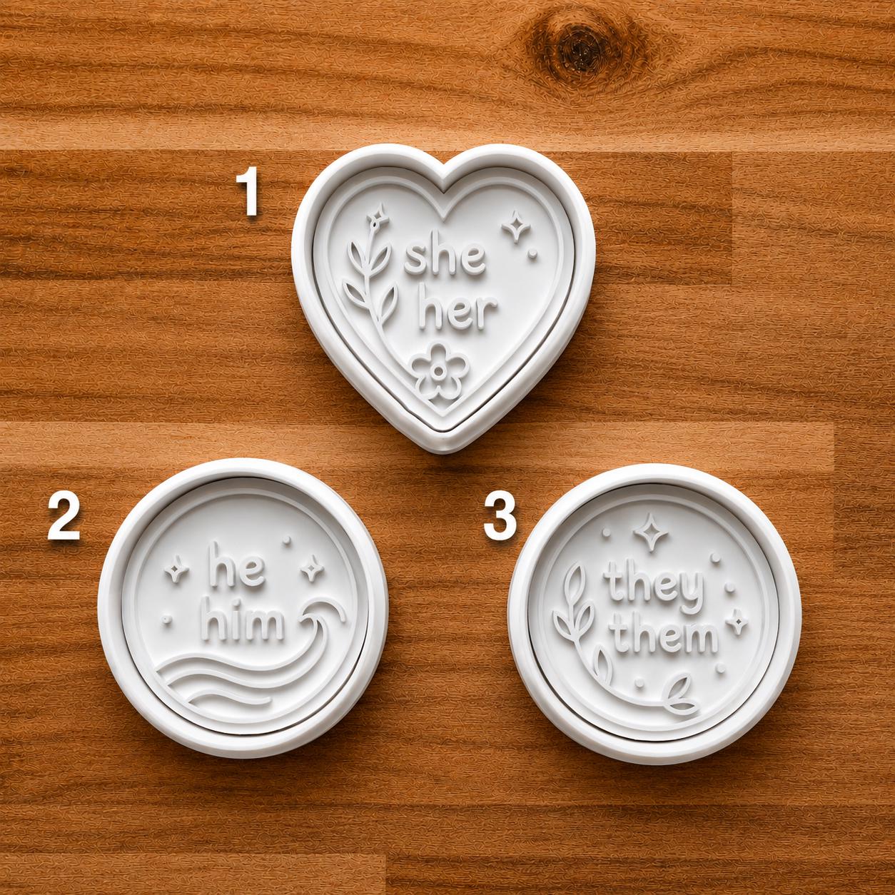 Pronoun Cookie Cutter Set She Her He Him They Them | Inclusive Clay Cutters | Pride Baking Tools | LGBTQ Fondant Stamp Set
