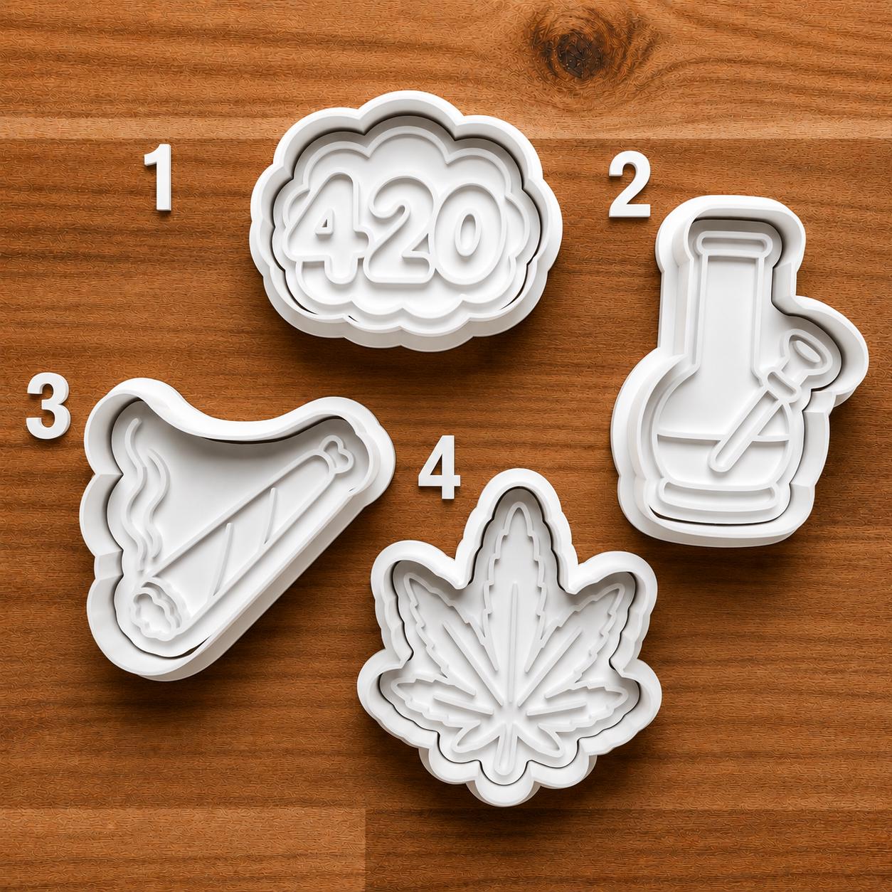 Retro 420 Theme Cookie Cutter Set | Leaf and Smoke Inspired Clay Cutters | Novelty Fondant Tools | Adult Party Baking Set