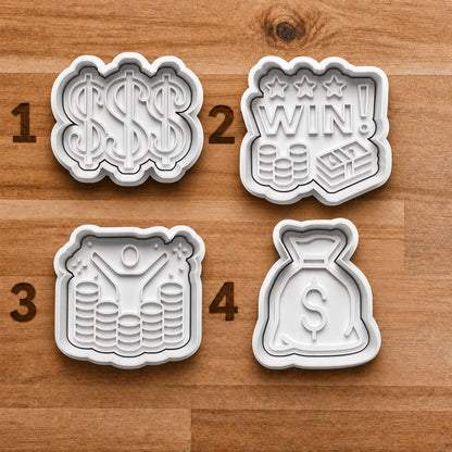 Money Theme Cookie Cutter Set | Dollar Sign Win Money Bag Casino Chips Clay Cutters | Poker Night Fondant Baking Tool Set