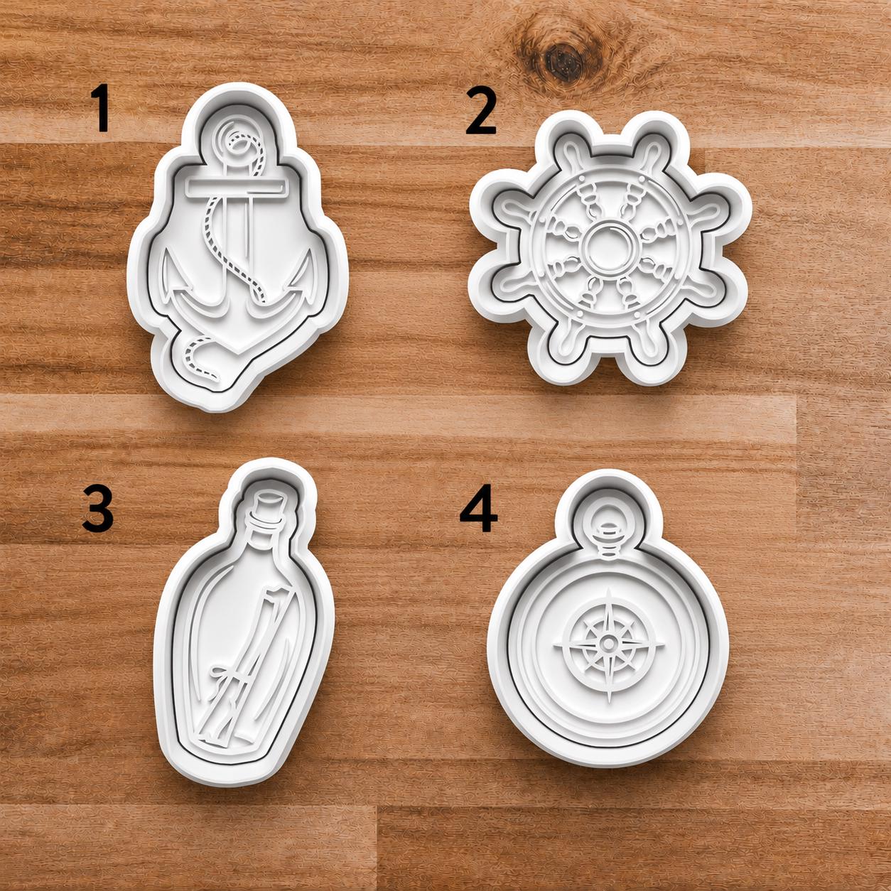 Nautical Cookie Cutters Set | Anchor Ship Wheel Message Bottle Compass | Clay Cutters | Fondant Cutter | Beach Theme