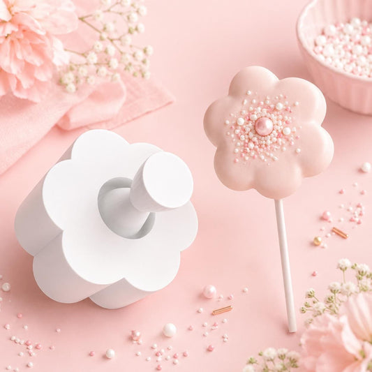 2-inch flower cake pop mold with matching press tool and decorated flower cake pops.