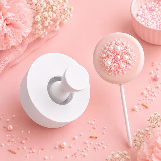 Round cake pop mold with matching press tool and decorated round cake pops.