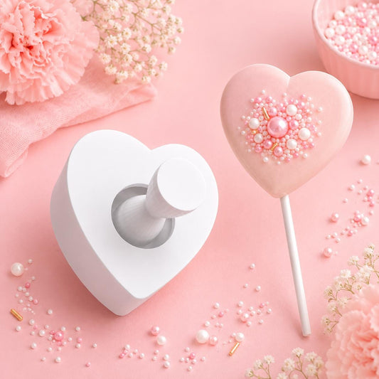 Heart cake pop mold with matching press tool and decorated heart cake pops.