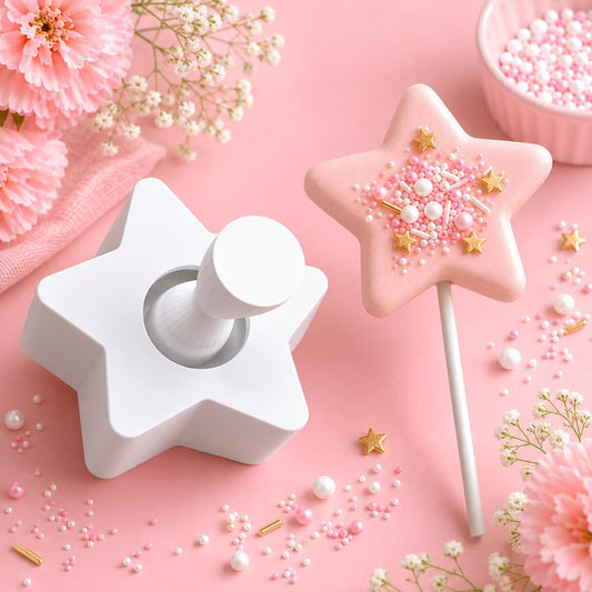 2-inch star cake pop mold with matching press tool and decorated star cake pops.