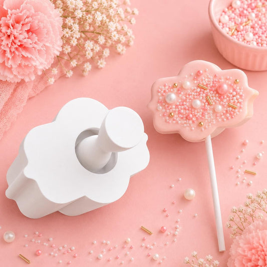 Scalloped plaque cake pop mold with matching press tool and decorated scalloped plaque cake pops.
