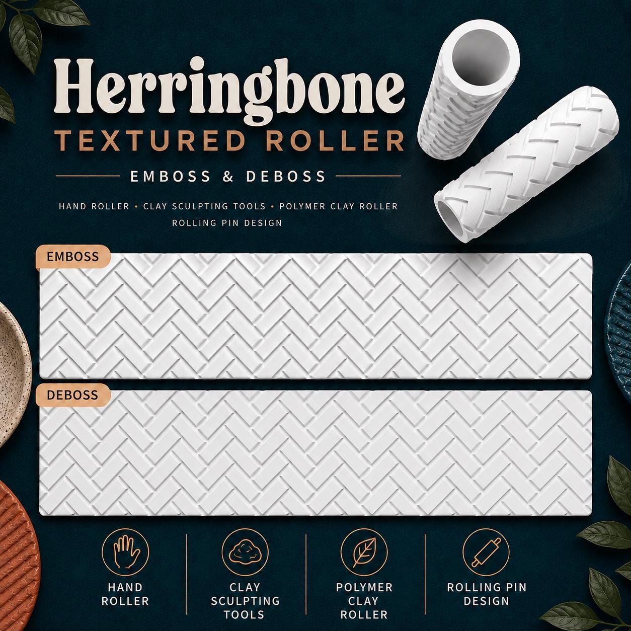 Herringbone Texture Roller | Emboss & Deboss Pattern | Polymer Clay Roller | Fondant Texture Tool | Cookie Dough Stamp