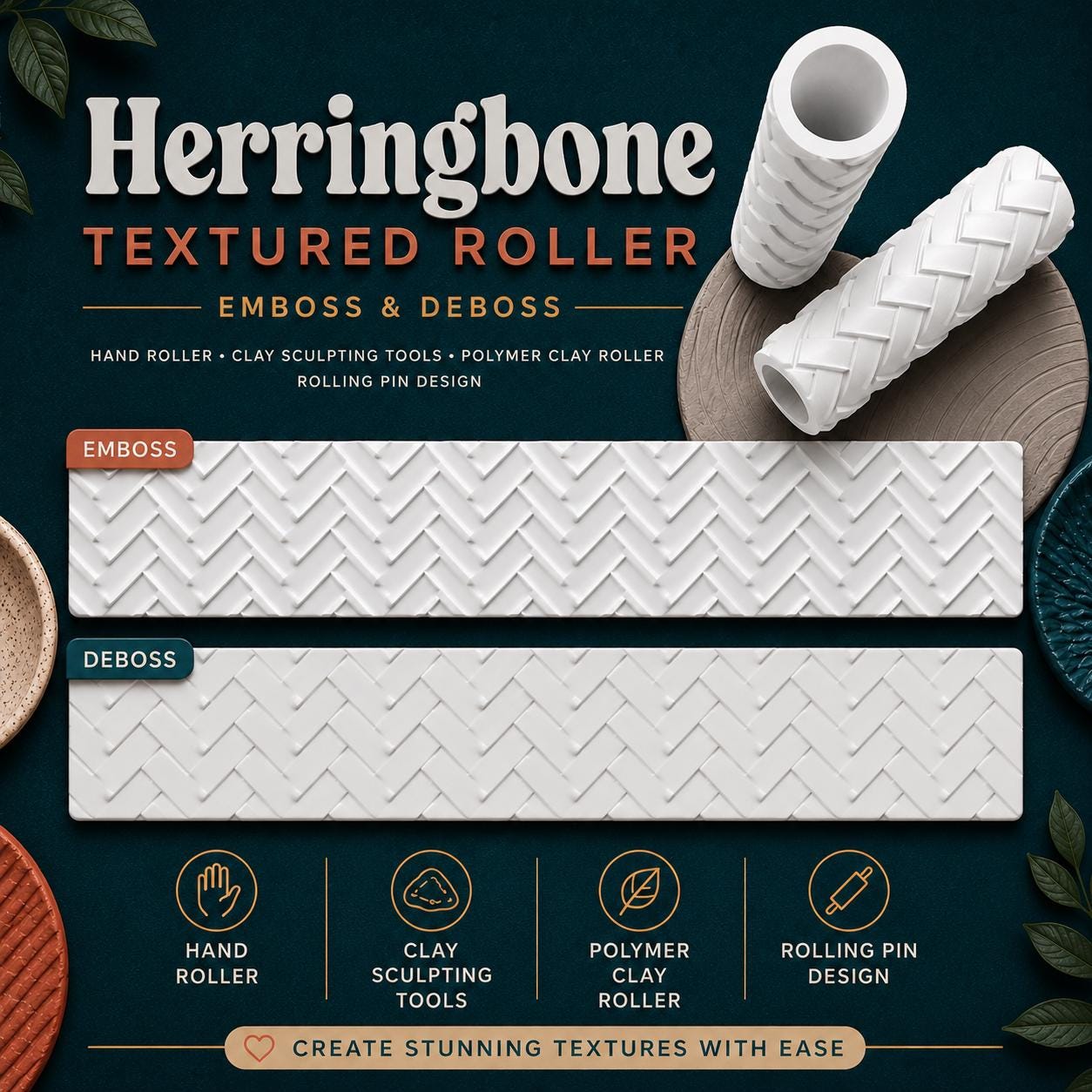 Herringbone Texture Roller | Emboss & Deboss Pattern | Polymer Clay Roller | Fondant Texture Tool | Cookie Dough Stamp