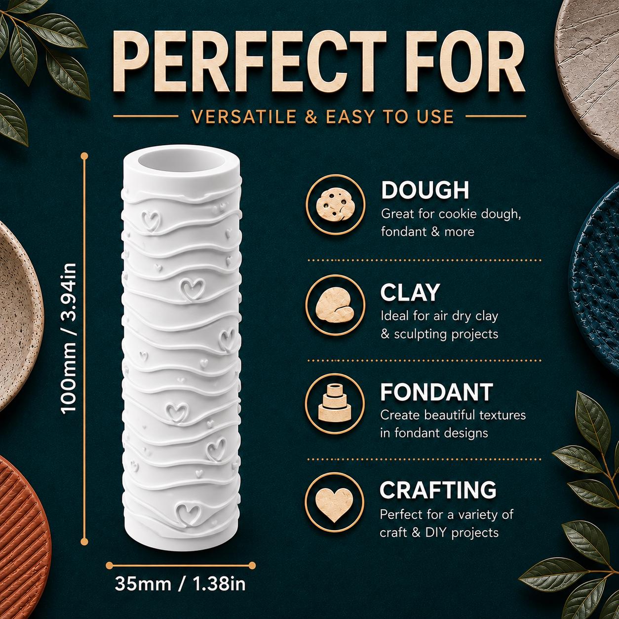 Whimsical Hearts Texture Roller | Emboss & Deboss Pattern | Polymer Clay Tool | Fondant Roller | Heart Texture Stamp