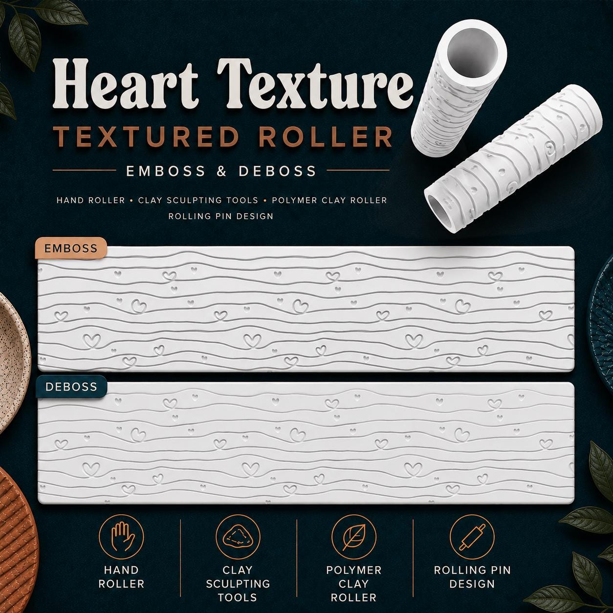Whimsical Hearts Texture Roller | Emboss & Deboss Pattern | Polymer Clay Tool | Fondant Roller | Heart Texture Stamp