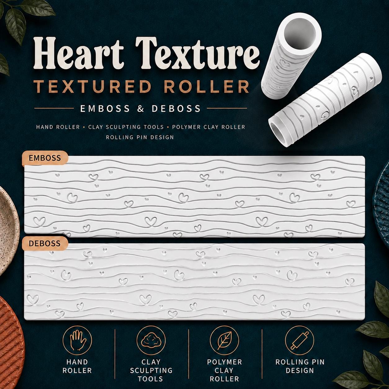Whimsical Hearts Texture Roller | Emboss & Deboss Pattern | Polymer Clay Tool | Fondant Roller | Heart Texture Stamp