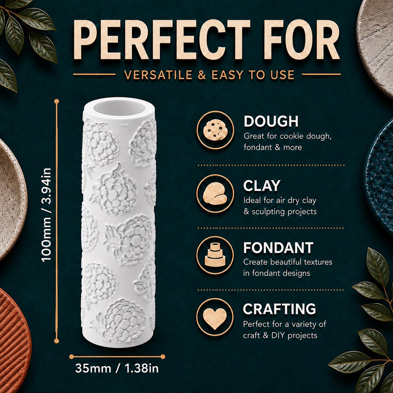 Raspberry Berry Texture Roller | Emboss & Deboss Pattern | Polymer Clay Tool | Fondant Roller | Clay Texture Stamp