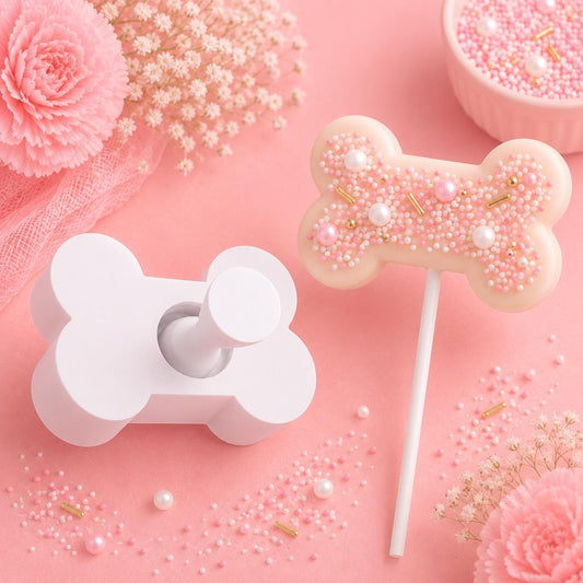 Dog bone cake pop mold with matching press tool and decorated dog bone cake pops.