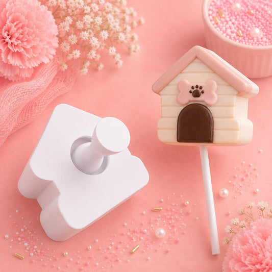 Dog house cake pop mold with matching press tool and decorated dog house cake pops.