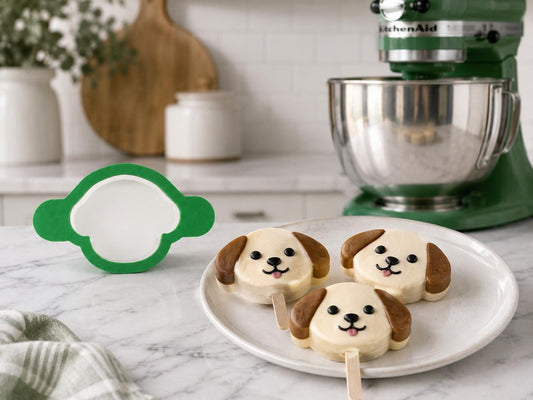 Dog face cake pop mold set with matching tools and decorated dog face cake pops.