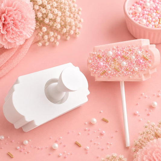 Ticket cake pop mold with matching press tool and decorated ticket cake pops.
