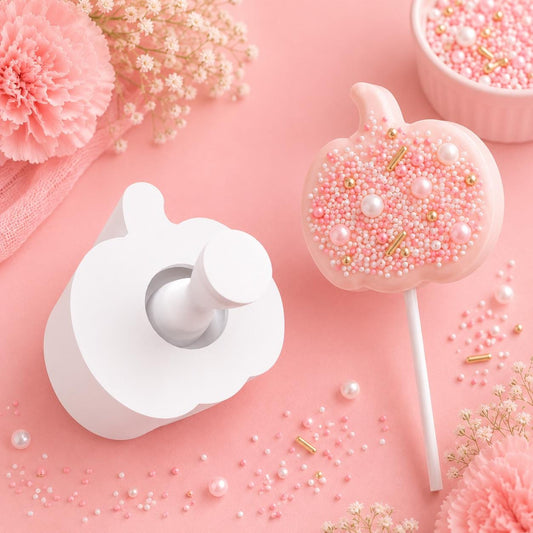 2-inch pumpkin cake pop mold with matching press tool and decorated pumpkin cake pops.