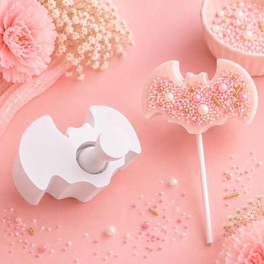 Bat cake pop mold with matching press tool and decorated bat cake pops.