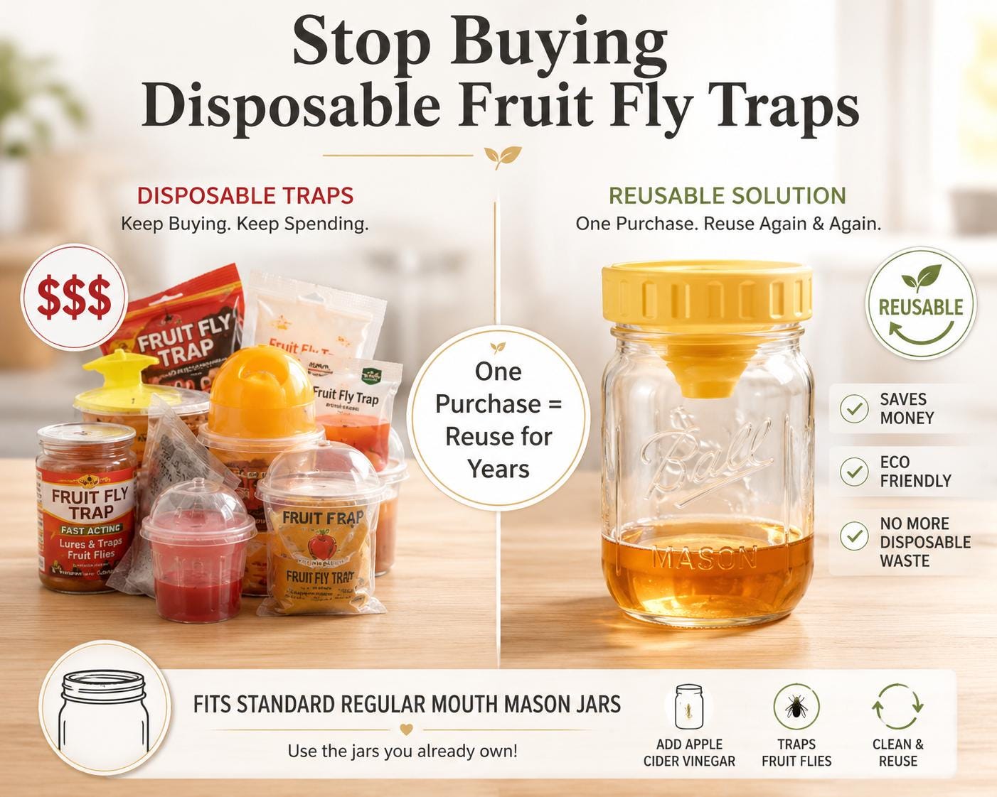 Mason Jar Fruit Fly Trap Lid, Reusable Fruit Fly Catcher, Kitchen Gnat Trap, Vinegar Bug Trap, Pest Control Solution, Eco Friendly Fly Trap