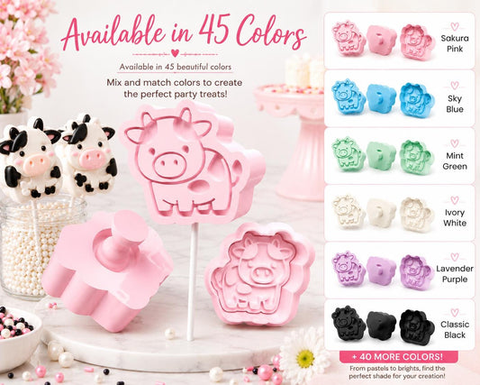 Cow cake pop mold set with matching tools and decorated cow cake pops.