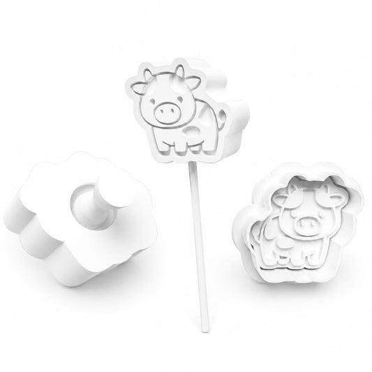 Cow cake pop mold set with mold, press tool and cutter.