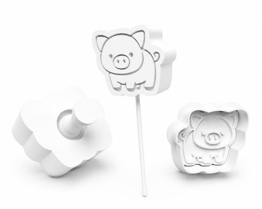Pig Cake Pop Mold and Cutter Set cake pop mold set components with matching mold, press tool, cutter, and 6-inch tray.