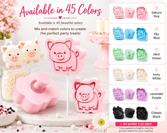 Pig Cake Pop Mold and Cutter Set cake pop mold set with matching tools and decorated pig cake pop mold and cutter set.