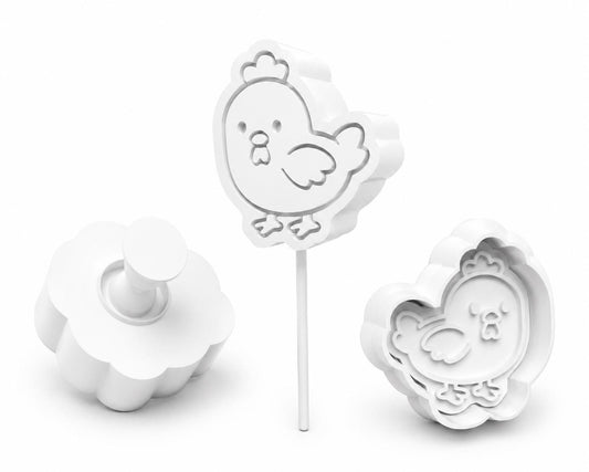 Chicken cake pop mold set with mold, press tool and cutter.