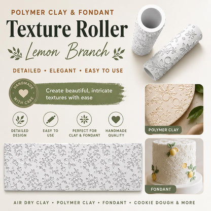 Lemon Branch Texture Roller | Cookie Dough Embosser | Fondant Pattern Roller | Clay Texture Tool | Citrus Baking Stamp