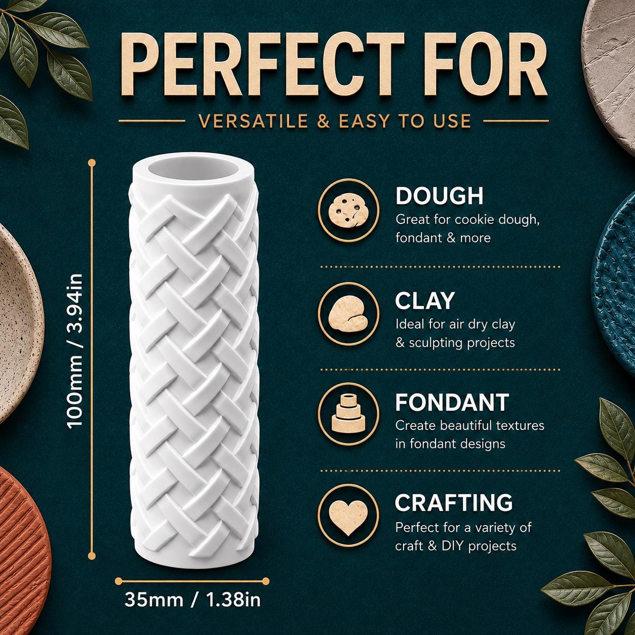 Herringbone Texture Roller | Emboss & Deboss Pattern | Polymer Clay Roller | Fondant Texture Tool | Cookie Dough Stamp