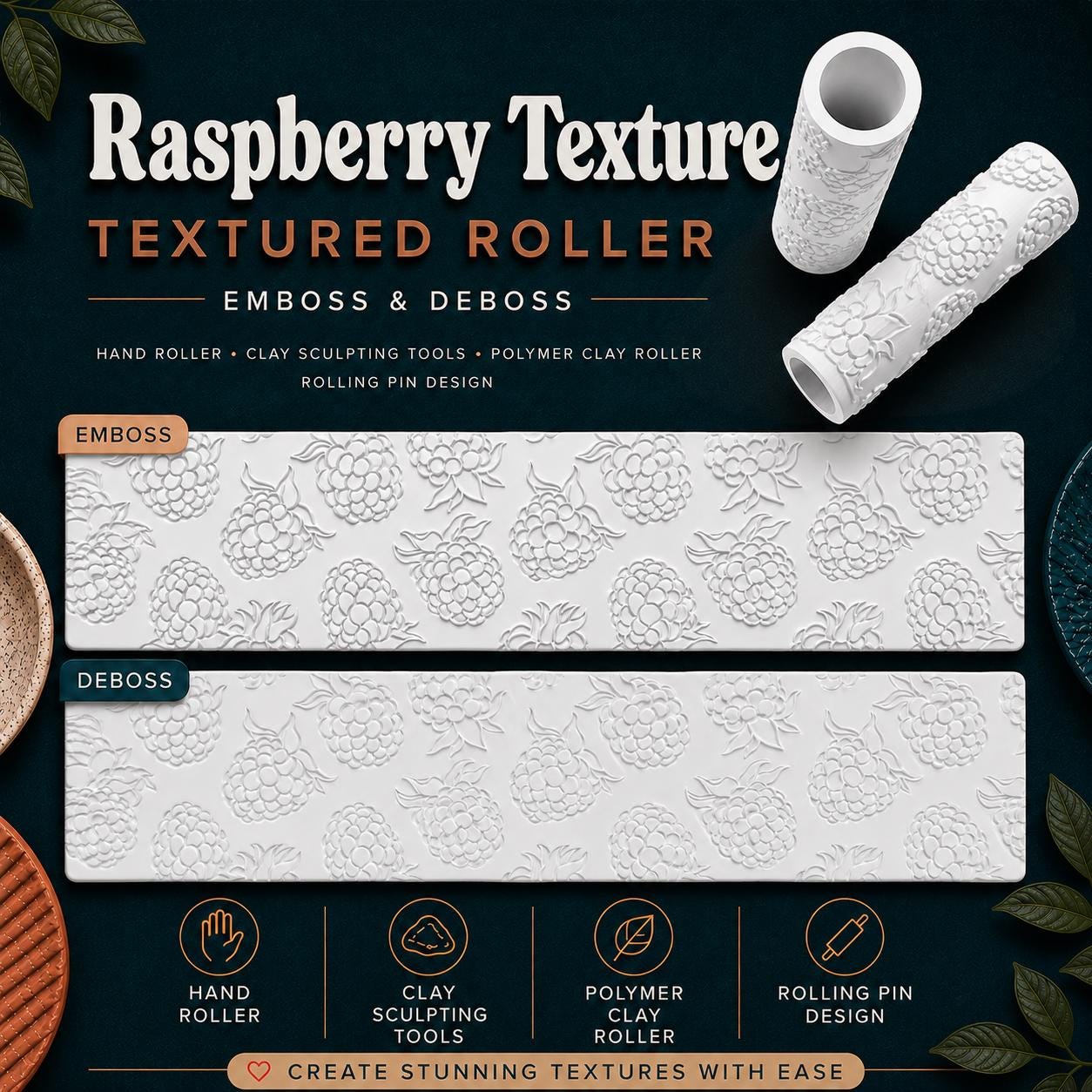 Raspberry Berry Texture Roller | Emboss & Deboss Pattern | Polymer Clay Tool | Fondant Roller | Clay Texture Stamp