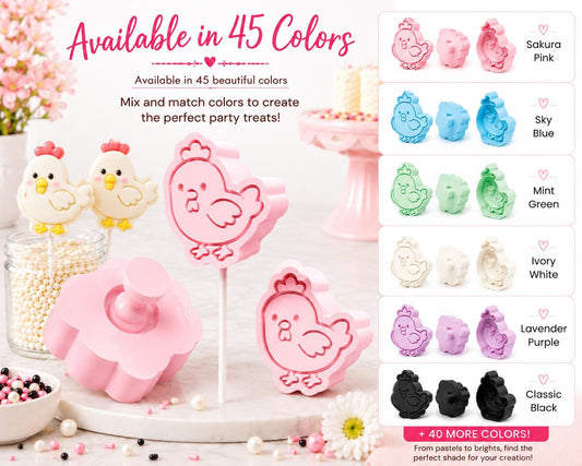 Chicken cake pop mold set with matching tools and decorated chicken cake pops.