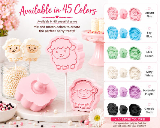 Sheep cake pop mold set with matching cutter, press tool and decorated sheep cake pops.