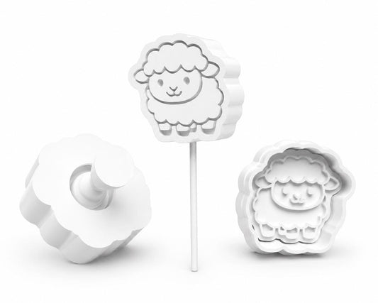 Sheep cake pop mold set components with matching mold, cutter and press tool.