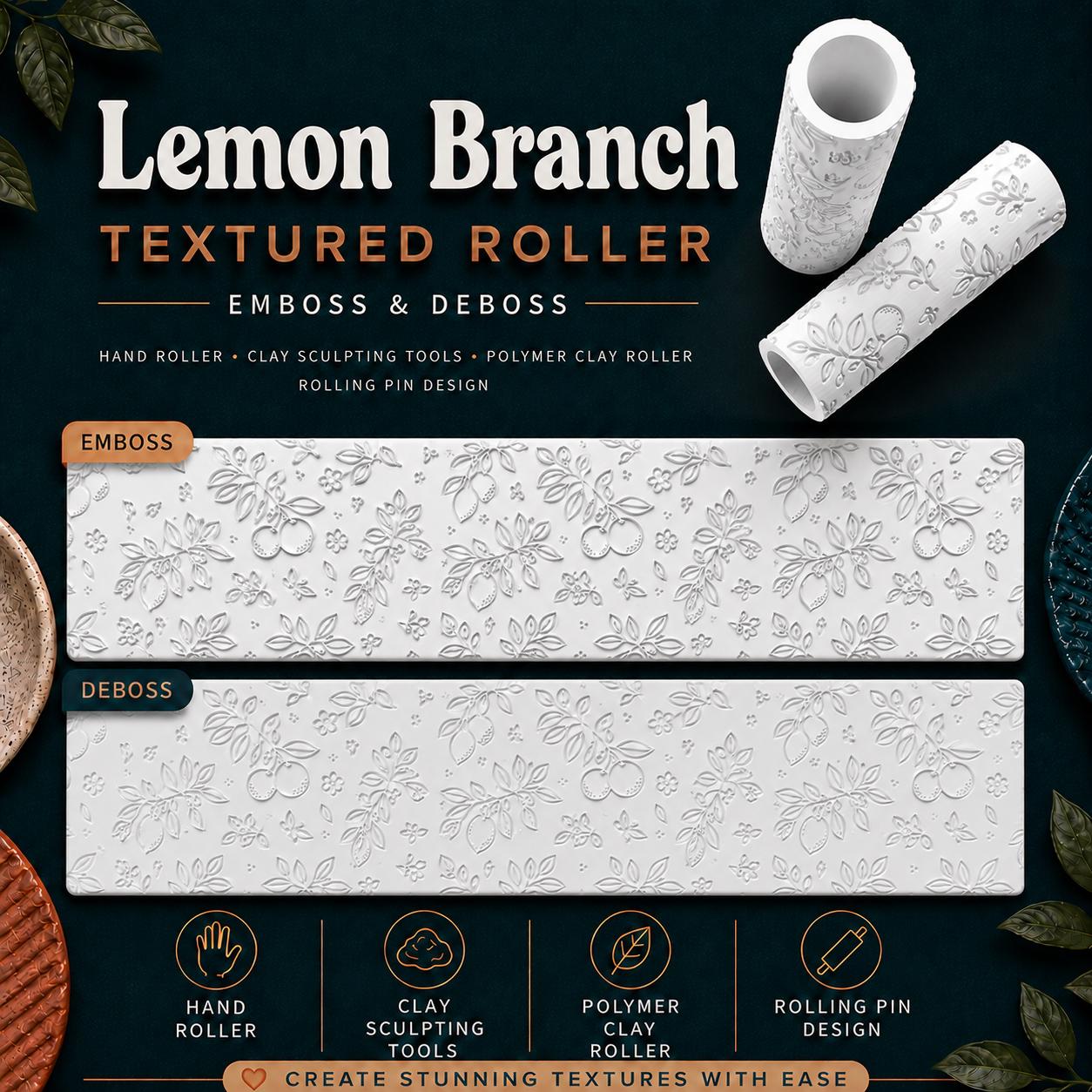 Lemon Branch Texture Roller | Cookie Dough Embosser | Fondant Pattern Roller | Clay Texture Tool | Citrus Baking Stamp