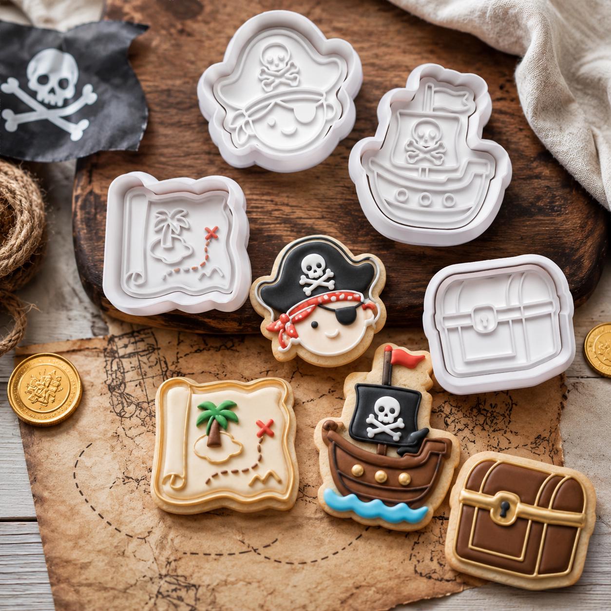 Pirate Cookie Cutter Set with Stamp | Pirate Ship Treasure Map Pirate Hat Treasure Chest Cookies | Pirate Birthday Party Baking Tool